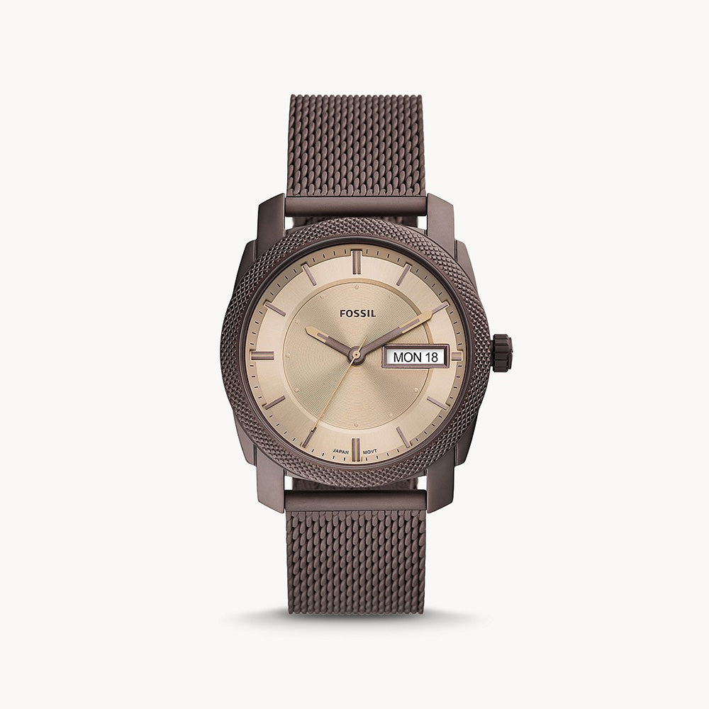 Fossil Machine Three Hand Day Date Brown Stainless Steel Mesh Men's Watch