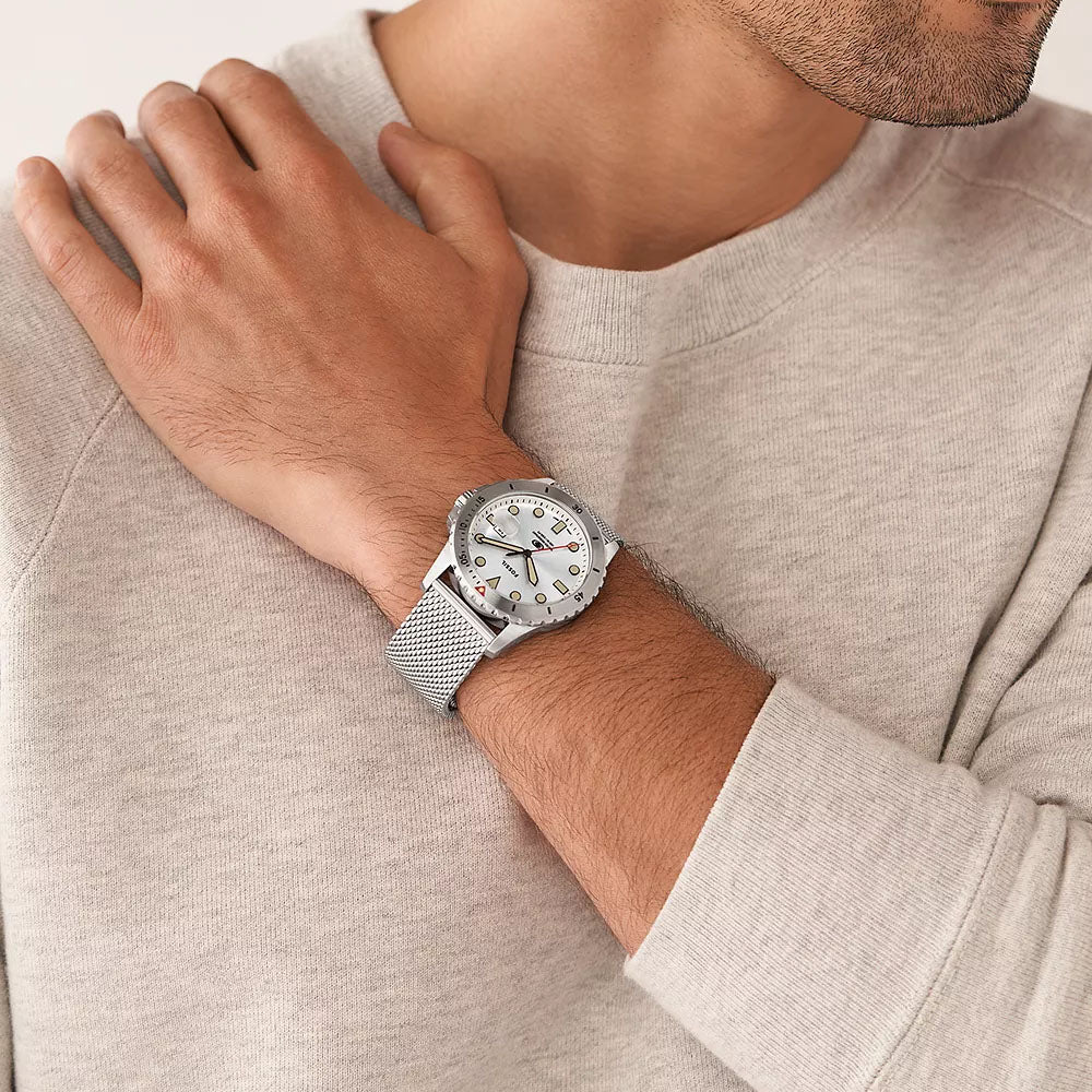 Fossil Blue Dive Three-Hand Date Men's Stainless Steel Mesh Watch