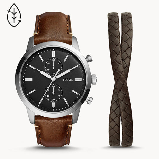 Fossil Townsman Chronograph Brown Eco Leather Men's Watch And Bracelet Set