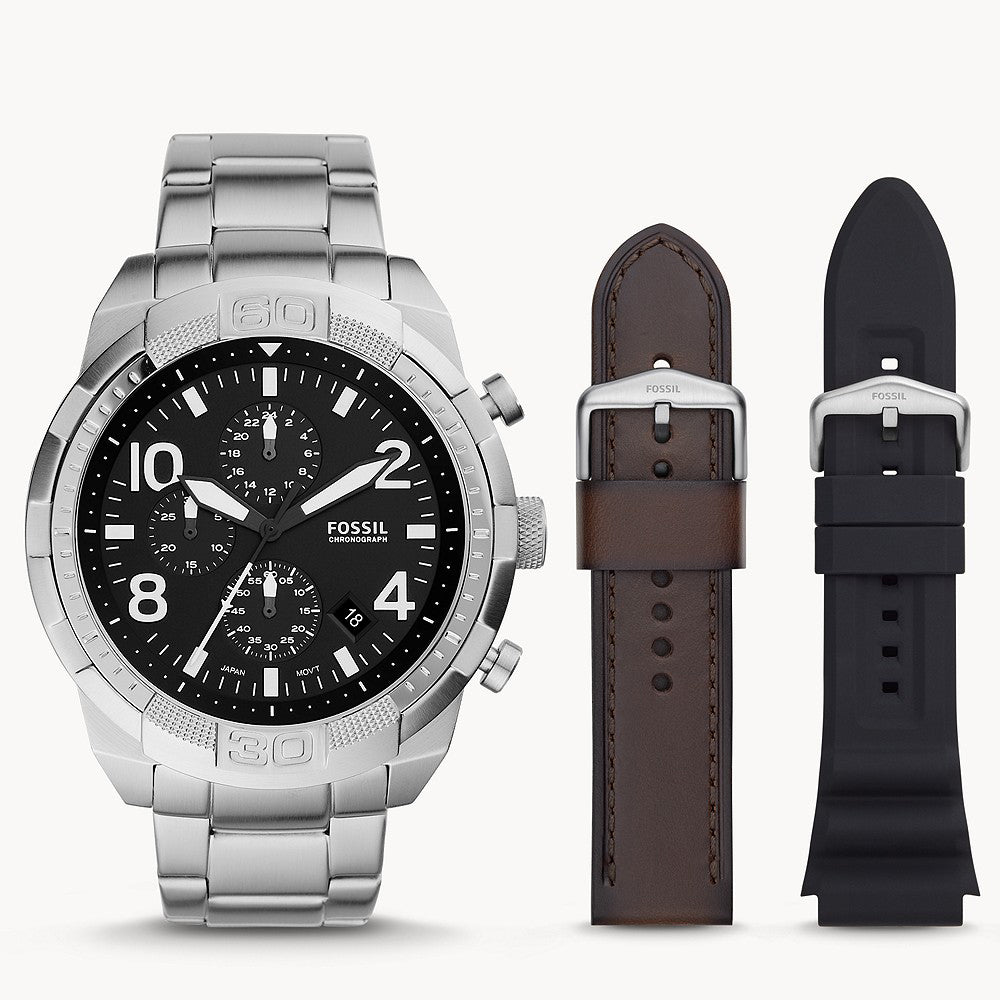 Fossil Bronson Chronograph Silver Stainless Steel Men's Watch and Interchangeable Strap Set