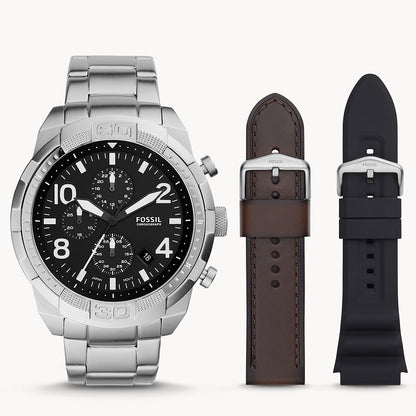 Fossil Bronson Chronograph Silver Stainless Steel Men's Watch and Interchangeable Strap Set