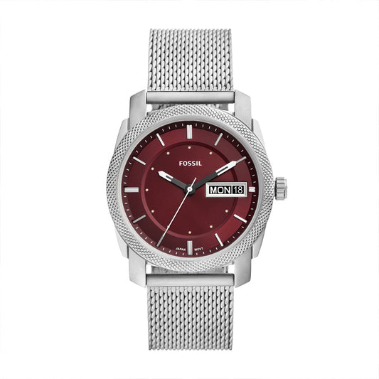 Fossil Machine Men's Three-Hand Day-Date Stainless Steel Mesh Watch