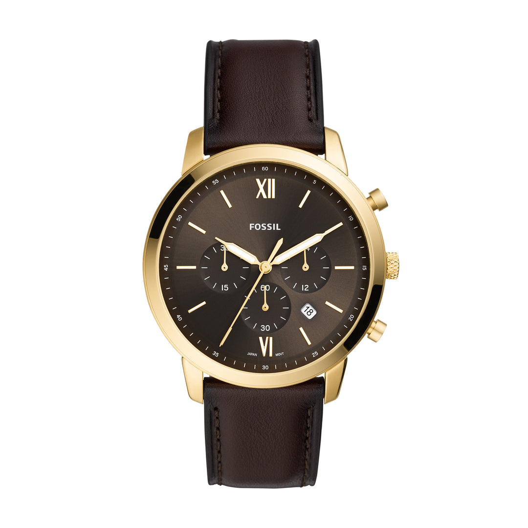 Fossil Analog Men's Watch Gold Plated Leather Strap - FS5763