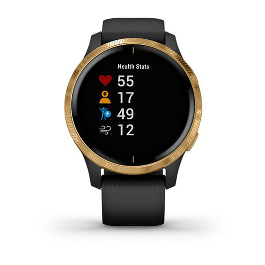 ساعة Garmin Venu بهيكل ذهبي وحزام أسود وشاشة كاملة