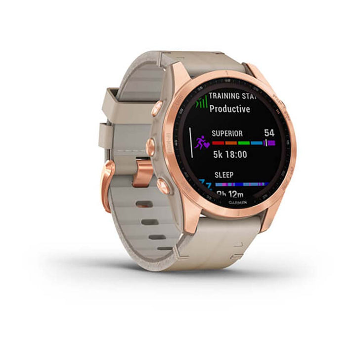 Garmin Fenix 7S Sapphire Limestone Rose Gold Titanium Leather Band Full Display Watch - 010-02539-35