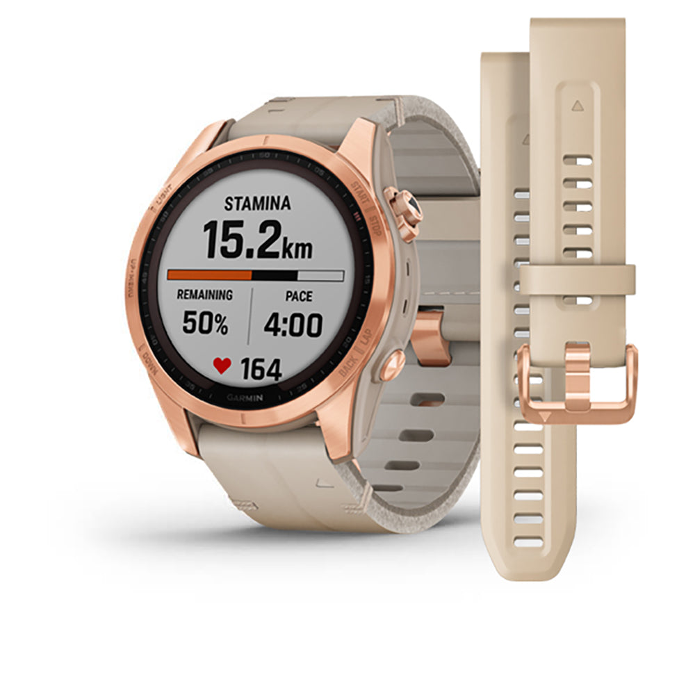 Garmin Fenix 7S Sapphire Limestone Rose Gold Titanium Leather Band Full Display Watch - 010-02539-35