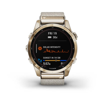 Garmin Fenix 7S Sapphire Cream Gold Titanium Cream Heatherd Nylon Band Full Display Watch