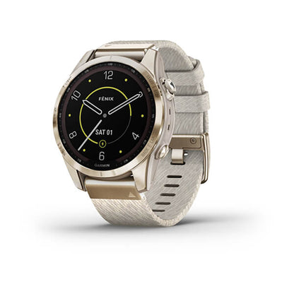 Garmin Fenix 7S Sapphire Cream Gold Titanium Cream Heatherd Nylon Band Full Display Watch