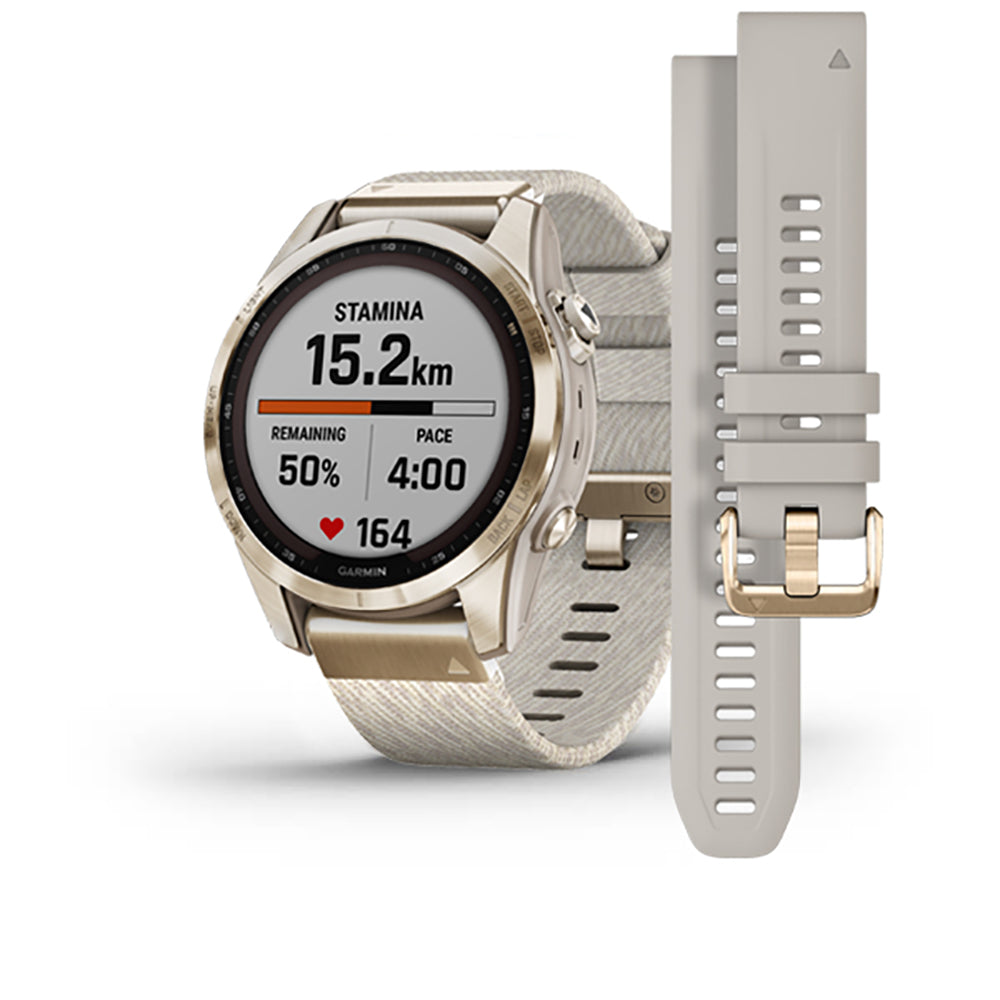 Garmin Fenix 7S Sapphire Cream Gold Titanium Cream Heatherd Nylon Band Full Display Watch