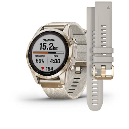 Garmin Fenix 7S Sapphire Cream Gold Titanium Cream Heatherd Nylon Band Full Display Watch