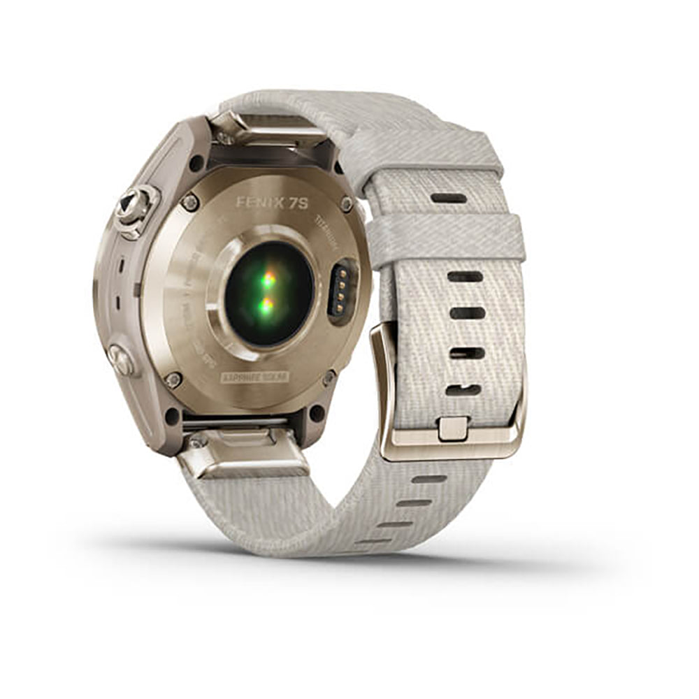 Garmin Fenix 7S Sapphire Cream Gold Titanium Cream Heatherd Nylon Band Full Display Watch