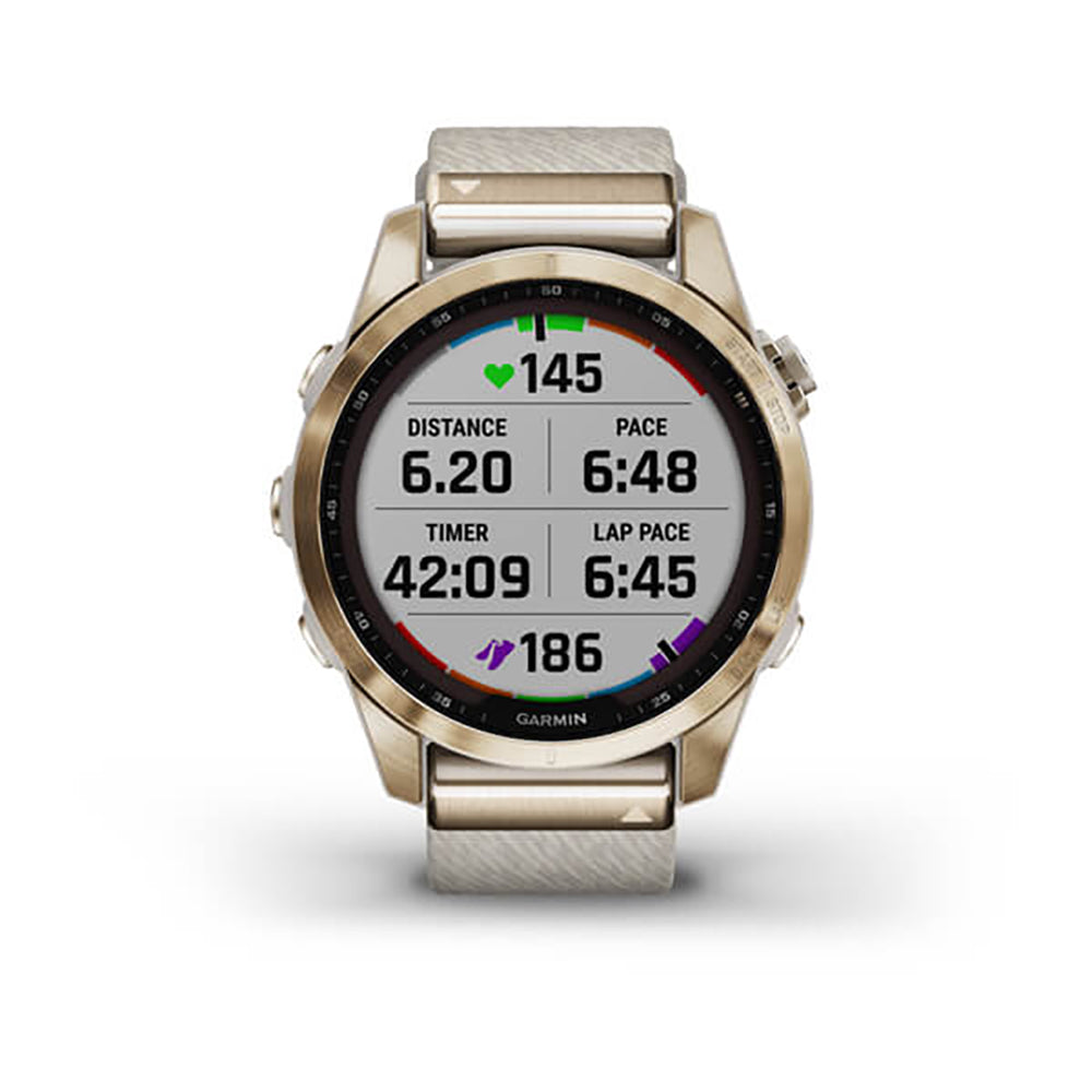 Garmin Fenix 7S Sapphire Cream Gold Titanium Cream Heatherd Nylon Band Full Display Watch