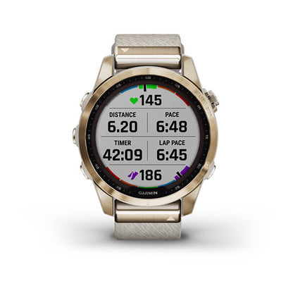 Garmin Fenix 7S Sapphire Cream Gold Titanium Cream Heatherd Nylon Band Full Display Watch
