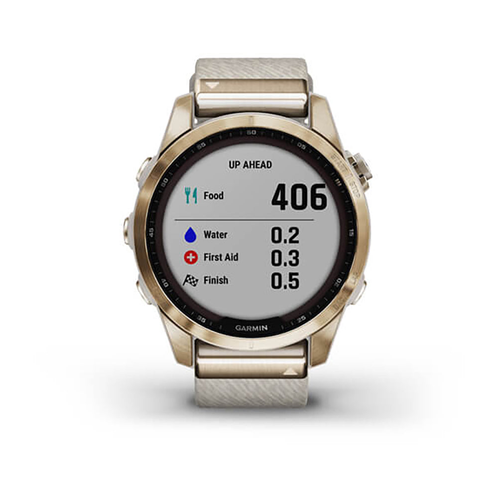 Garmin Fenix 7S Sapphire Cream Gold Titanium Cream Heatherd Nylon Band Full Display Watch