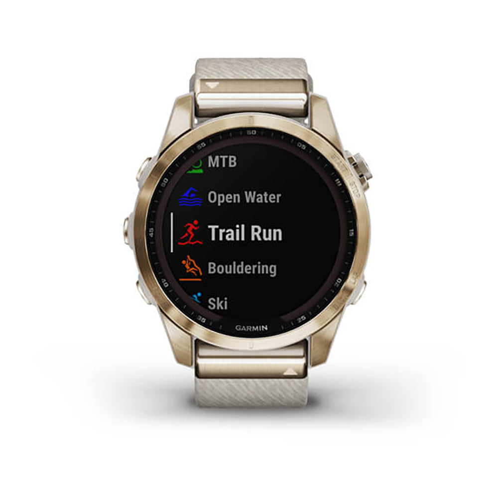 Garmin Fenix 7S Sapphire Cream Gold Titanium Cream Heatherd Nylon Band Full Display Watch