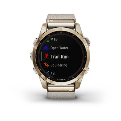Garmin Fenix 7S Sapphire Cream Gold Titanium Cream Heatherd Nylon Band Full Display Watch