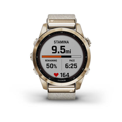 Garmin Fenix 7S Sapphire Cream Gold Titanium Cream Heatherd Nylon Band Full Display Watch