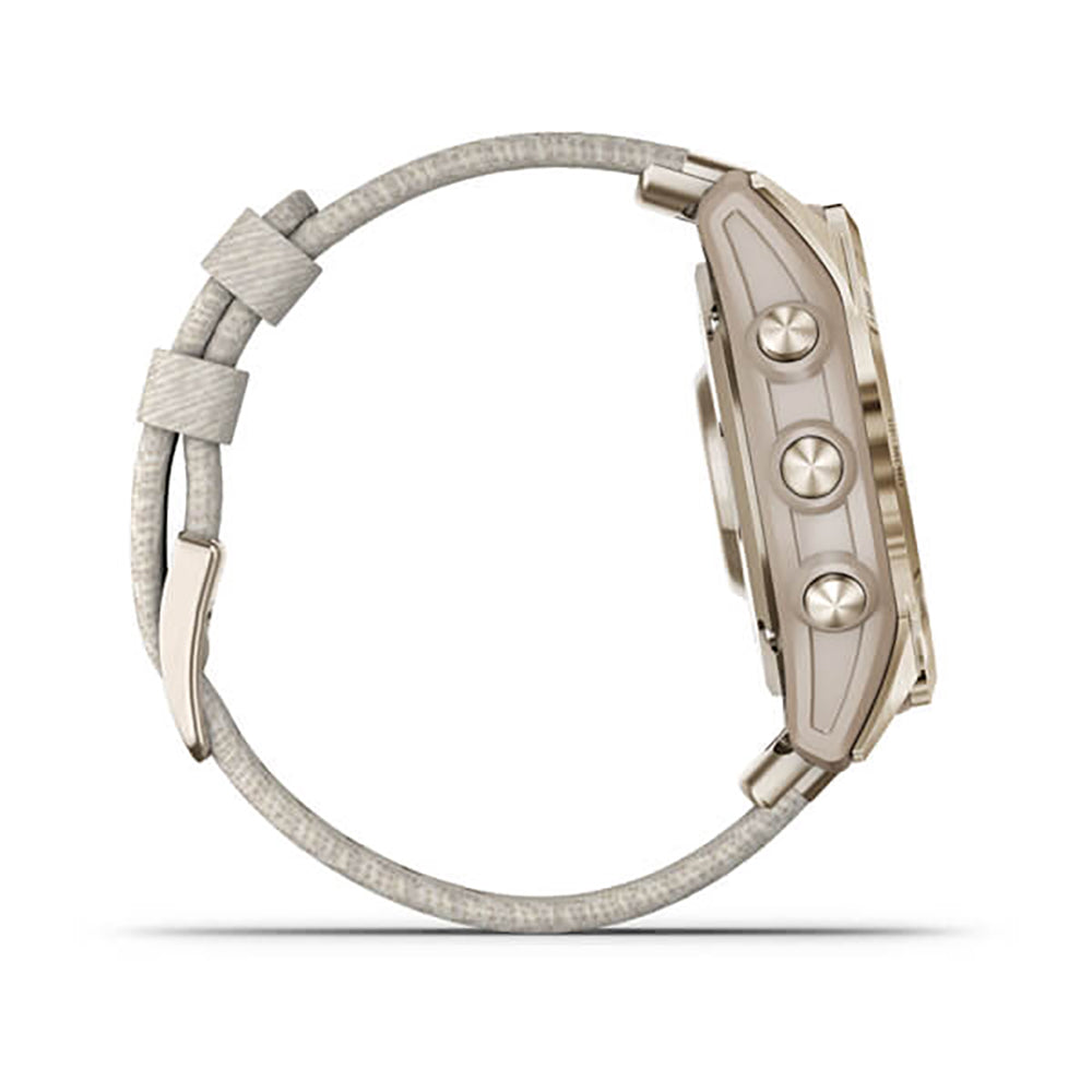 Garmin Fenix 7S Sapphire Cream Gold Titanium Cream Heatherd Nylon Band Full Display Watch