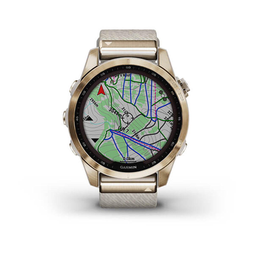 Garmin Fenix 7S Sapphire Cream Gold Titanium Cream Heatherd Nylon Band Full Display Watch