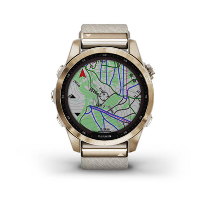 Garmin Fenix 7S Sapphire Cream Gold Titanium Cream Heatherd Nylon Band Full Display Watch