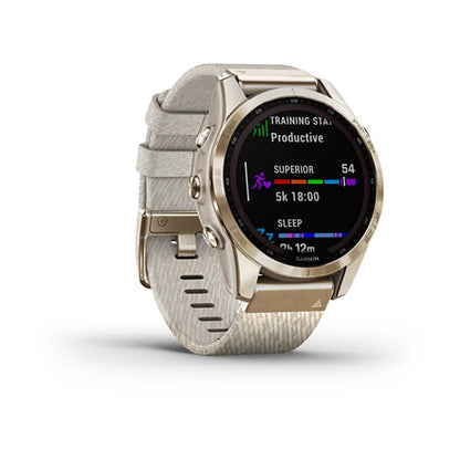 Garmin Fenix 7S Sapphire Cream Gold Titanium Cream Heatherd Nylon Band Full Display Watch
