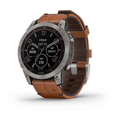 Garmin Fenix 7 Sapphire Titanium Chestnut Leather Band Full Display Watch with Additional Strap