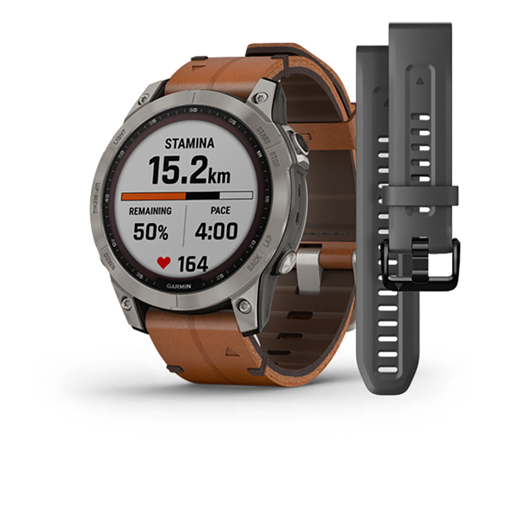 Garmin Fenix 7 Sapphire Titanium Chestnut Leather Band Full Display Watch with Additional Strap