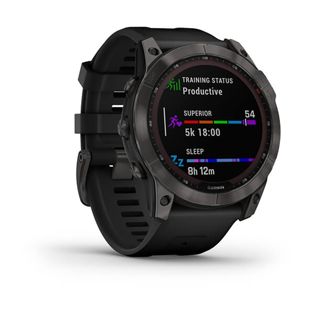 ساعة Garmin Fenix 7X Sapphire بإطار تيتانيوم رمادي كربوني وسوار سيليكون مع شاشة ملونة بالكامل
