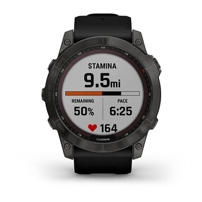 ساعة Garmin Fenix 7X Sapphire بإطار تيتانيوم رمادي كربوني وسوار سيليكون مع شاشة ملونة بالكامل