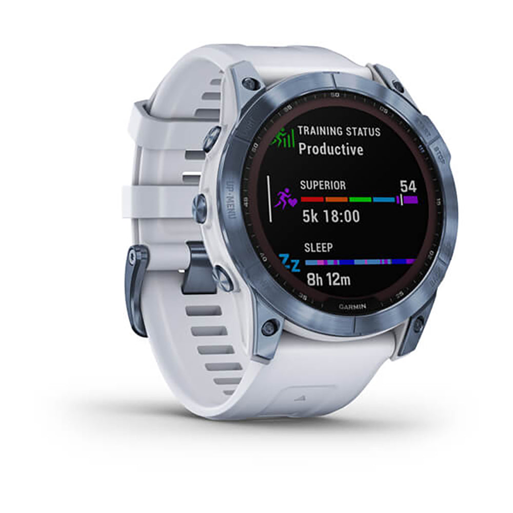 Garmin Fenix 7X Sapphire Solar Mineral Blue DLC Titanium Whitestone Band Full Display Watch