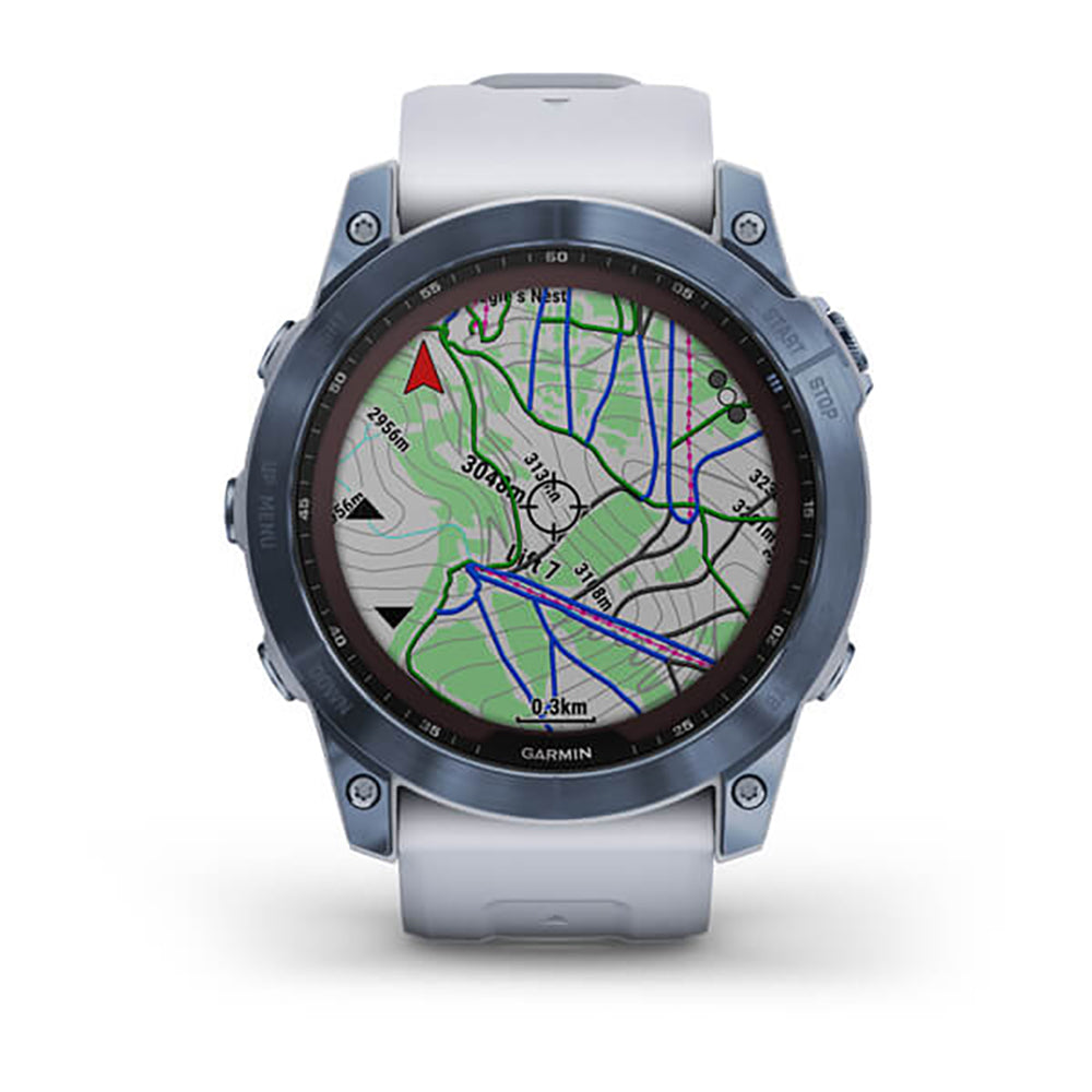 Garmin Fenix 7X Sapphire Solar Mineral Blue DLC Titanium Whitestone Band Full Display Watch