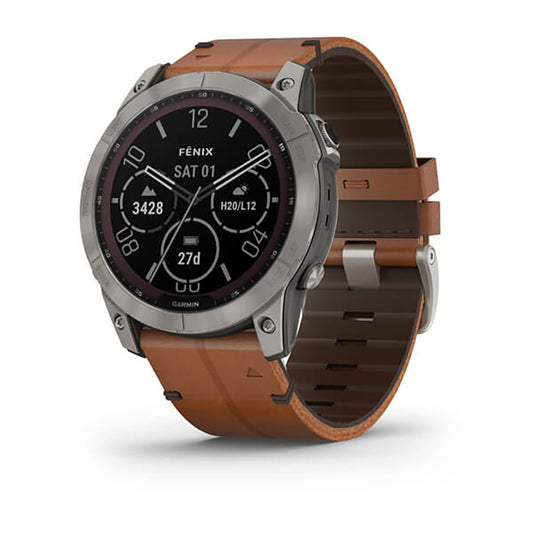 Garmin Fenix 7X Sapphire Solar Titanium Chestnut Leather Band Full Display Watch