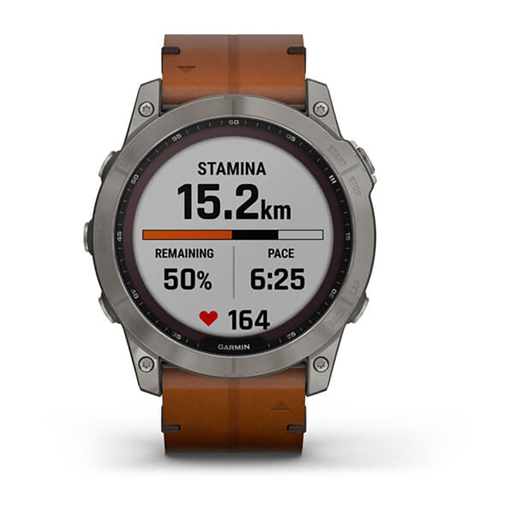 Garmin Fenix 7X Sapphire Solar Titanium Chestnut Leather Band Full Display Watch