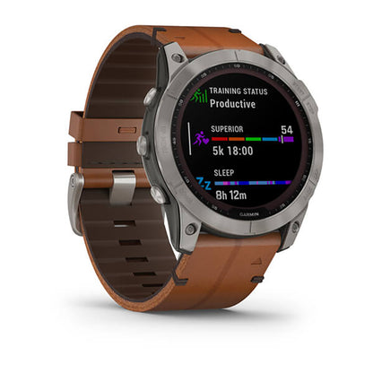 Garmin Fenix 7X Sapphire Solar Titanium Chestnut Leather Band Full Display Watch