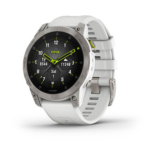 ساعة Garmin Epix Gen 2 بإطار من التيتانيوم باللون الأبيض "كاريرا" مع سوار سيليكون وشاشة ملونة بالكامل