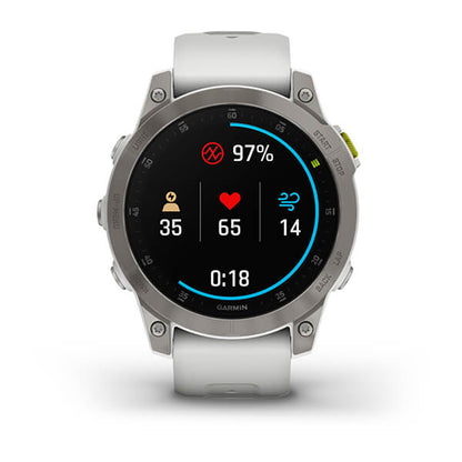 ساعة Garmin Epix Gen 2 بإطار من التيتانيوم باللون الأبيض "كاريرا" مع سوار سيليكون وشاشة ملونة بالكامل