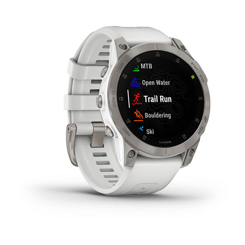 ساعة Garmin Epix Gen 2 بإطار من التيتانيوم باللون الأبيض "كاريرا" مع سوار سيليكون وشاشة ملونة بالكامل