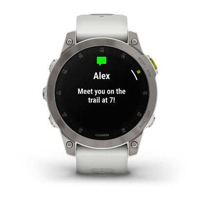 ساعة Garmin Epix Gen 2 بإطار من التيتانيوم باللون الأبيض "كاريرا" مع سوار سيليكون وشاشة ملونة بالكامل