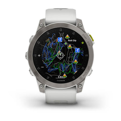 ساعة Garmin Epix Gen 2 بإطار من التيتانيوم باللون الأبيض "كاريرا" مع سوار سيليكون وشاشة ملونة بالكامل