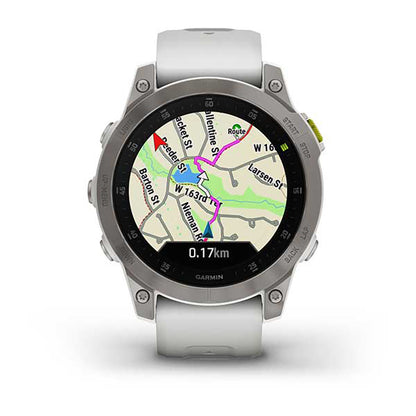 ساعة Garmin Epix Gen 2 بإطار من التيتانيوم باللون الأبيض "كاريرا" مع سوار سيليكون وشاشة ملونة بالكامل