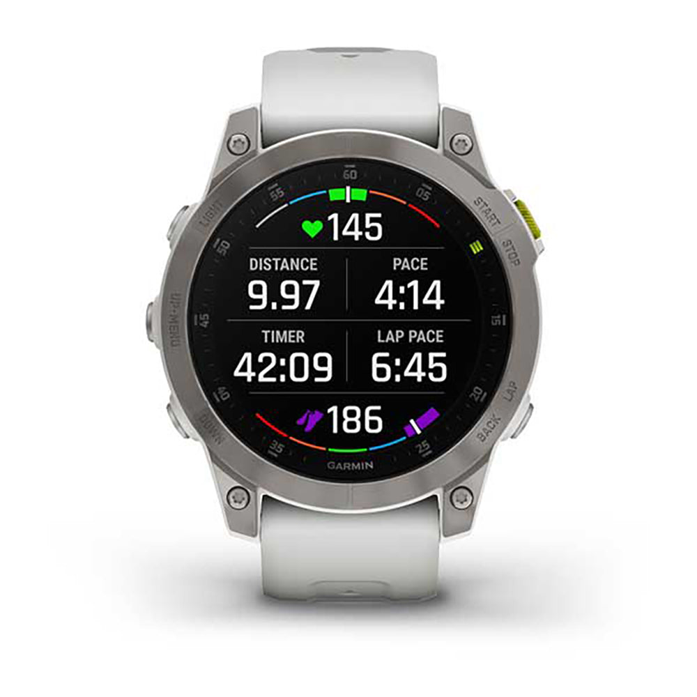 ساعة Garmin Epix Gen 2 بإطار من التيتانيوم باللون الأبيض "كاريرا" مع سوار سيليكون وشاشة ملونة بالكامل