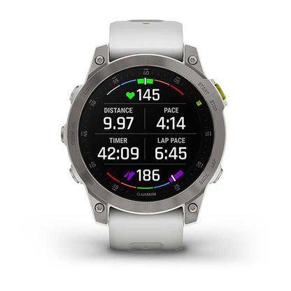 ساعة Garmin Epix Gen 2 بإطار من التيتانيوم باللون الأبيض "كاريرا" مع سوار سيليكون وشاشة ملونة بالكامل