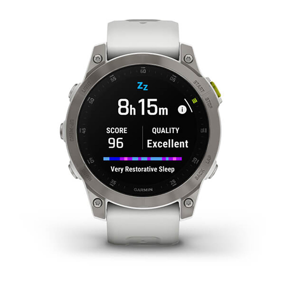 ساعة Garmin Epix Gen 2 بإطار من التيتانيوم باللون الأبيض "كاريرا" مع سوار سيليكون وشاشة ملونة بالكامل
