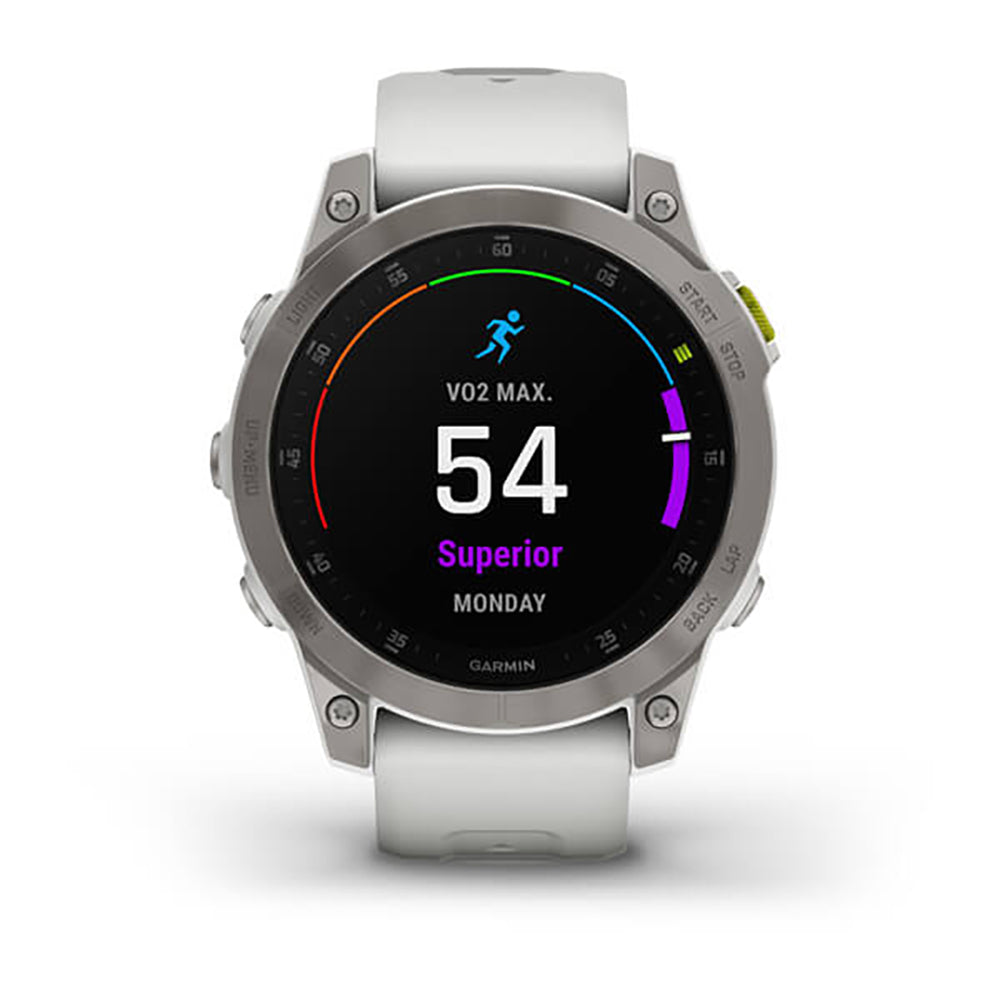 ساعة Garmin Epix Gen 2 بإطار من التيتانيوم باللون الأبيض "كاريرا" مع سوار سيليكون وشاشة ملونة بالكامل
