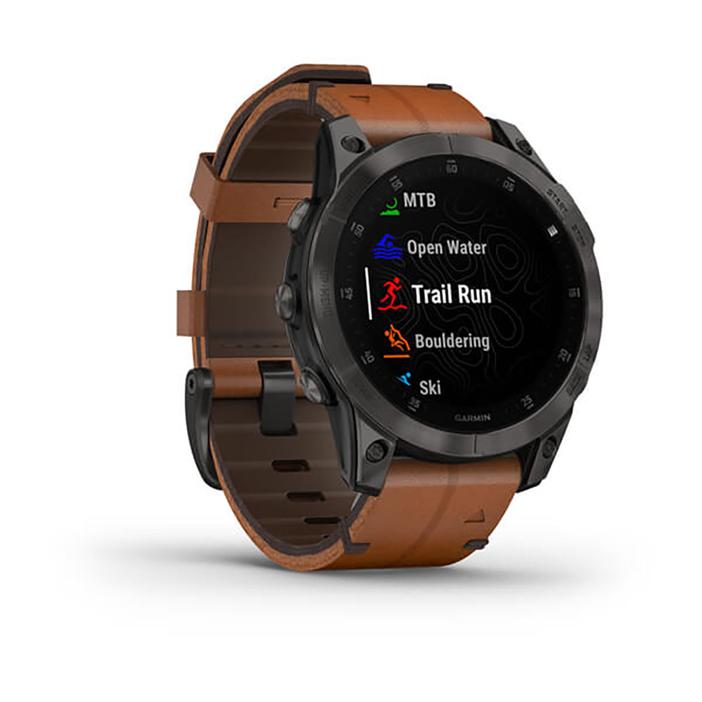 ساعة Garmin Epix Gen 2 باللون الأسود الكربوني الرمادي مع إطار من التيتانيوم المطلي بالكربون الشبيه بالألماس (DLC) وحزام جلدي وشاشة ملونة بالكامل