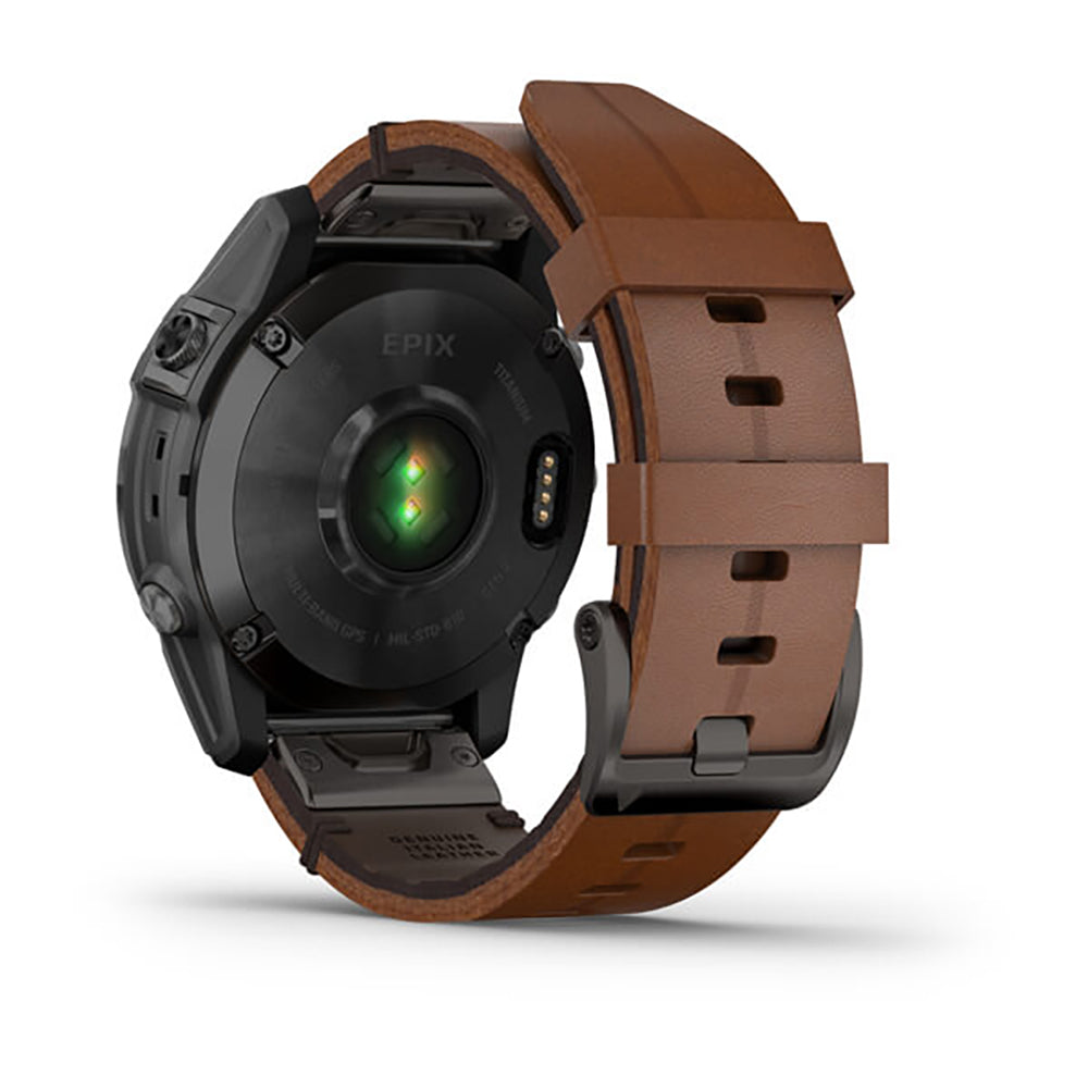 ساعة Garmin Epix Gen 2 باللون الأسود الكربوني الرمادي مع إطار من التيتانيوم المطلي بالكربون الشبيه بالألماس (DLC) وحزام جلدي وشاشة ملونة بالكامل
