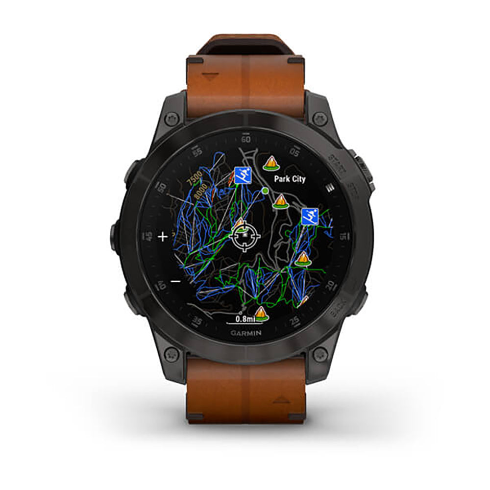 ساعة Garmin Epix Gen 2 باللون الأسود الكربوني الرمادي مع إطار من التيتانيوم المطلي بالكربون الشبيه بالألماس (DLC) وحزام جلدي وشاشة ملونة بالكامل