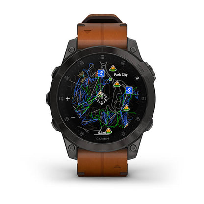 ساعة Garmin Epix Gen 2 باللون الأسود الكربوني الرمادي مع إطار من التيتانيوم المطلي بالكربون الشبيه بالألماس (DLC) وحزام جلدي وشاشة ملونة بالكامل