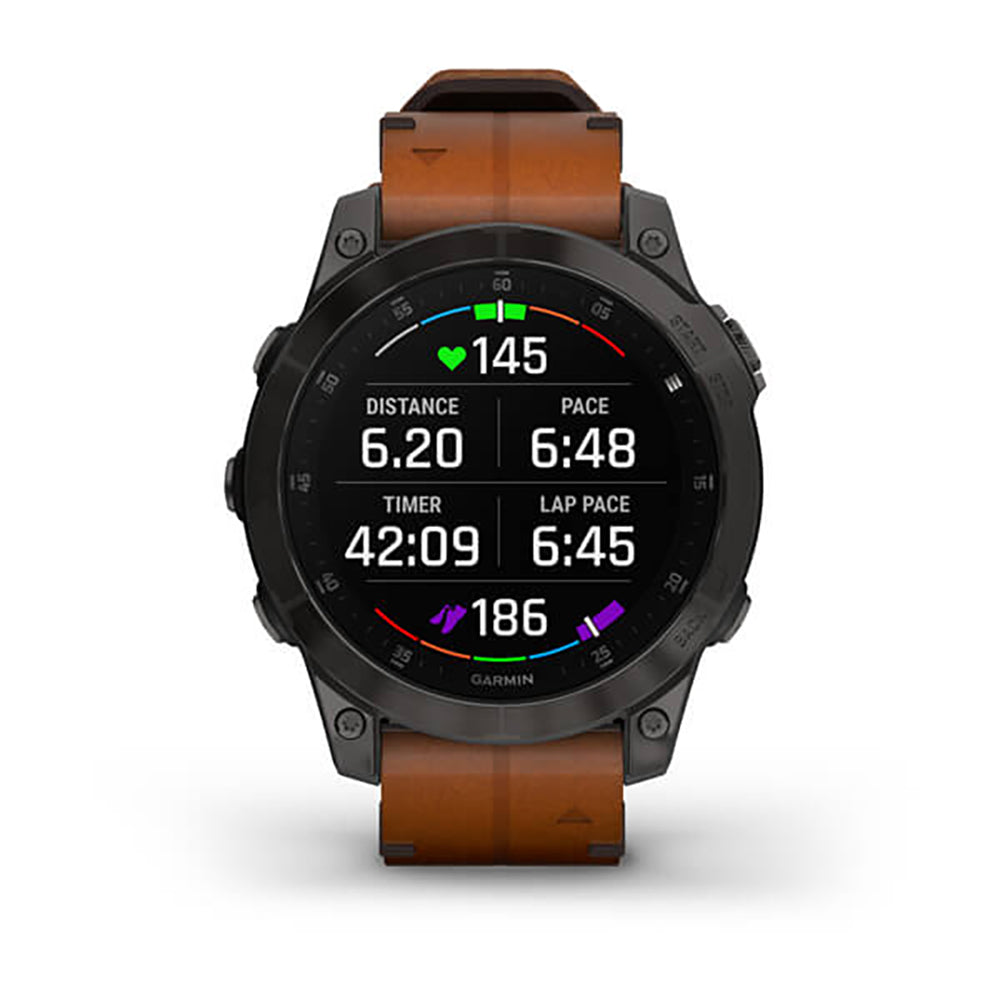 ساعة Garmin Epix Gen 2 باللون الأسود الكربوني الرمادي مع إطار من التيتانيوم المطلي بالكربون الشبيه بالألماس (DLC) وحزام جلدي وشاشة ملونة بالكامل