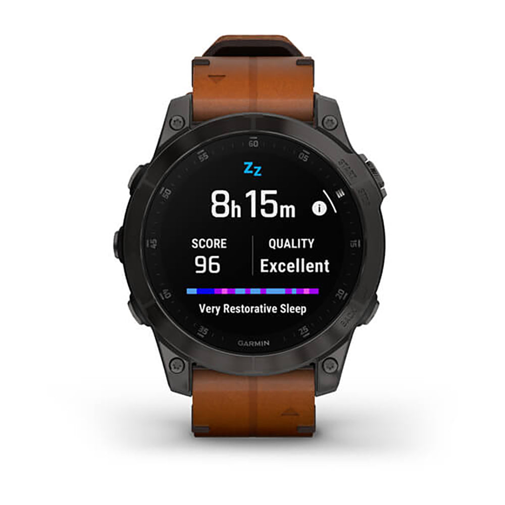 ساعة Garmin Epix Gen 2 باللون الأسود الكربوني الرمادي مع إطار من التيتانيوم المطلي بالكربون الشبيه بالألماس (DLC) وحزام جلدي وشاشة ملونة بالكامل